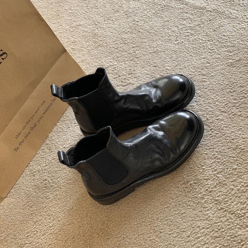 ~ Washed Horse Pattern Pleated Thick Heel Thick-soled Cigarette Tube Elastic Boots Chelsea Short Boots Women