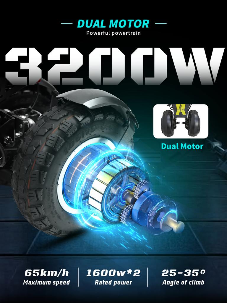 OOTD T30 E-koloběžka 3200W Dvojitý motor 60V 31,2Ah Hydraulická brzda Elektrická koloběžka 13" Terénní pneumatika Hydraulické odpružení EScooters