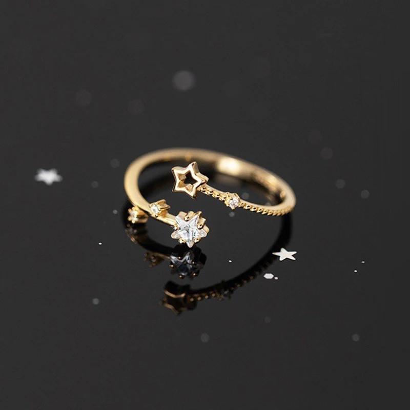 Korean Silver Color Shiny Five Pointed Star Rings for Women Simple Zircon Cross Hollow Star Open Finger Rings Jewelry Party Gift