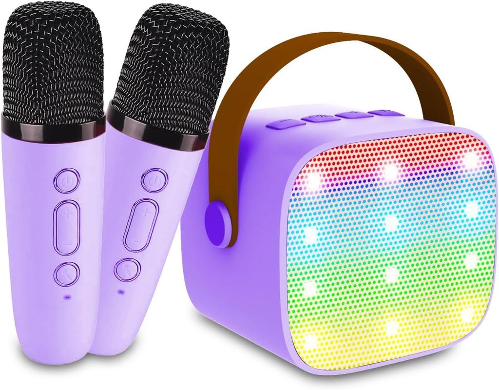Mini Karaoke Machine, Bluetooth Speaker with 2 Wireless Microphone & LED Lights, Christmas Birthday Gifts for Girls Boys Adults