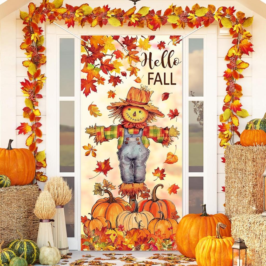 Fall Door Banner Cover Scarecrow Pumpkin Leaves Hanging Banner Autumn Photo Background for Thanksgiving Party Home School Classroom Supplies, 31.5 x
