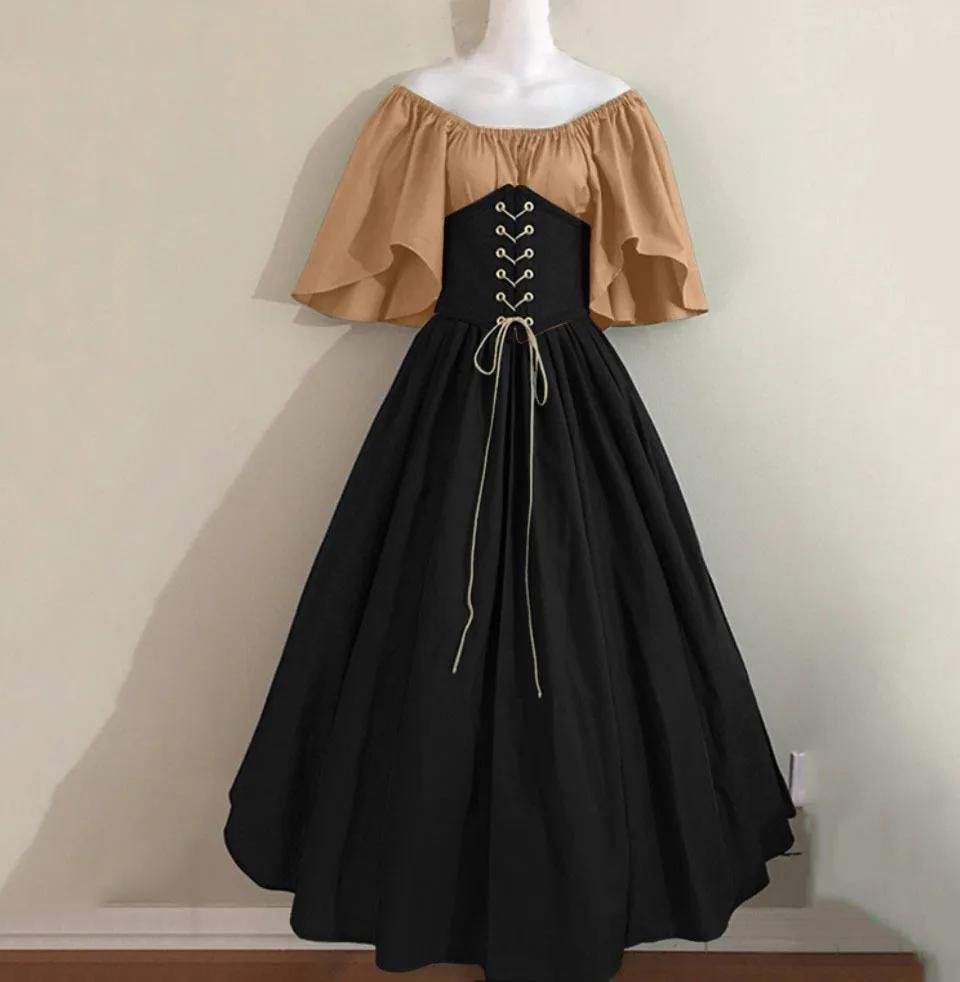 Halloween Costumes for Women Medieval Retro Contrasting Color Slim Swing Dress One-word Shoulder Dress Love Live Cosplay