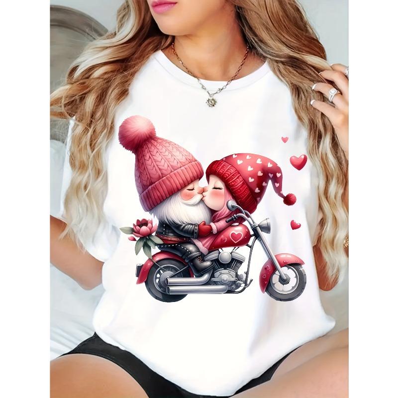 

European Size Women s Valentine s Day Cute Gnome Motorcycle Love T-Shirt - Soft Stretch Short Sleeve Round Neck Tee with Pink Gnomes, Hearts 4XL