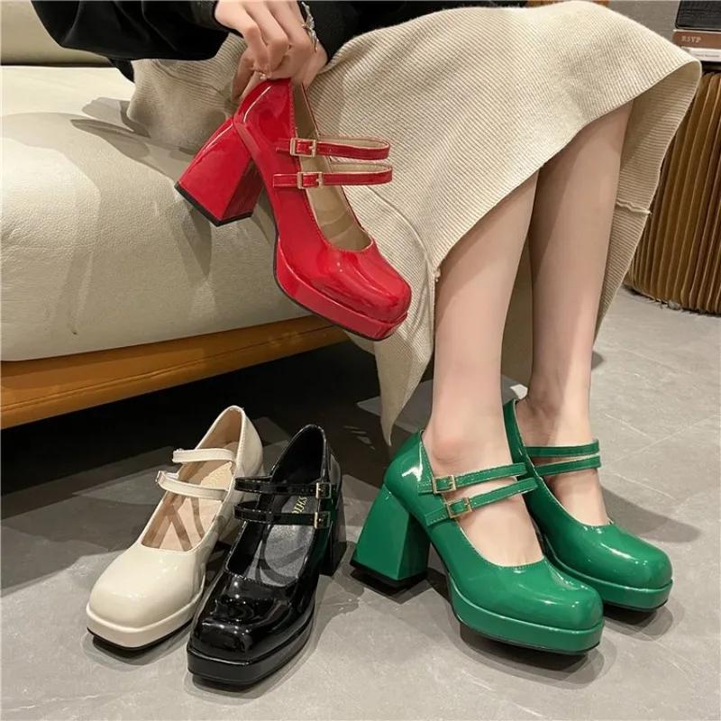 Fashion New Lacquer Leather Women's Double Button Thick High Heels Women's Square Head Buckle Thick Heels Large Heels Women's Shoes