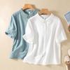 Summer Cotton Linen Top for Women Blouse Jacquard Embroidered Lace Collar Shirt