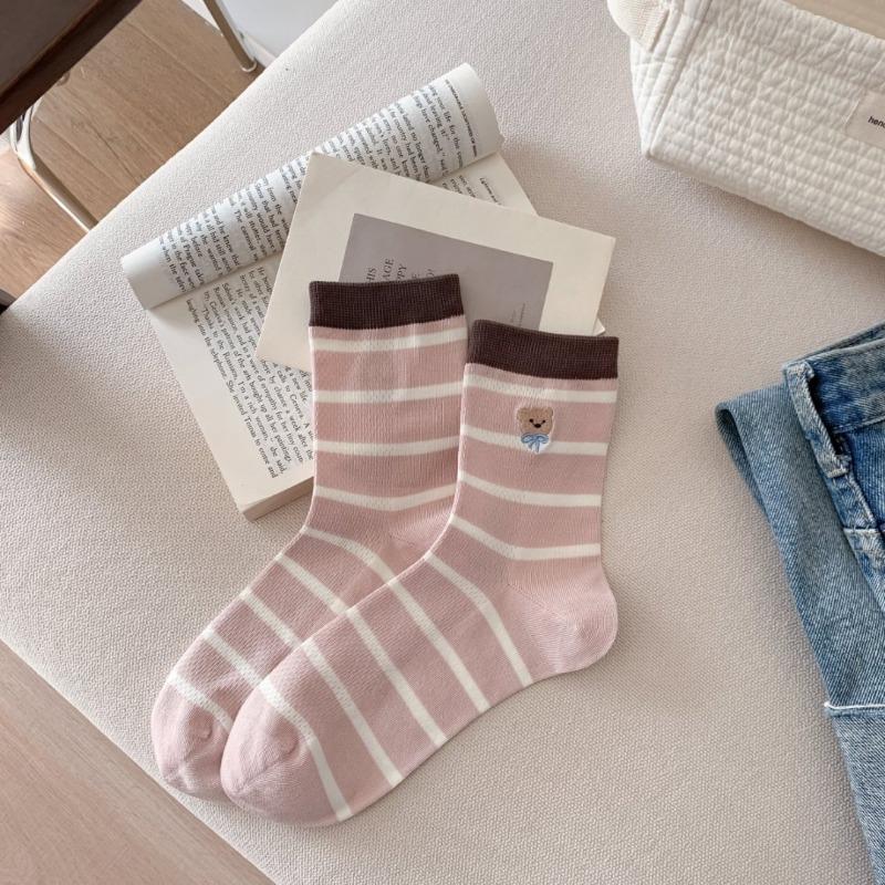 

Женские весенне-летние новые простые носки из хлопка в рубчик с вышивкой медведя из сетки 1 pair розовый