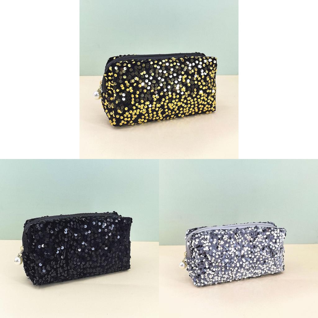 Velvet Sequin Makeup Bag With Large Capacity For Travel And Daily Use