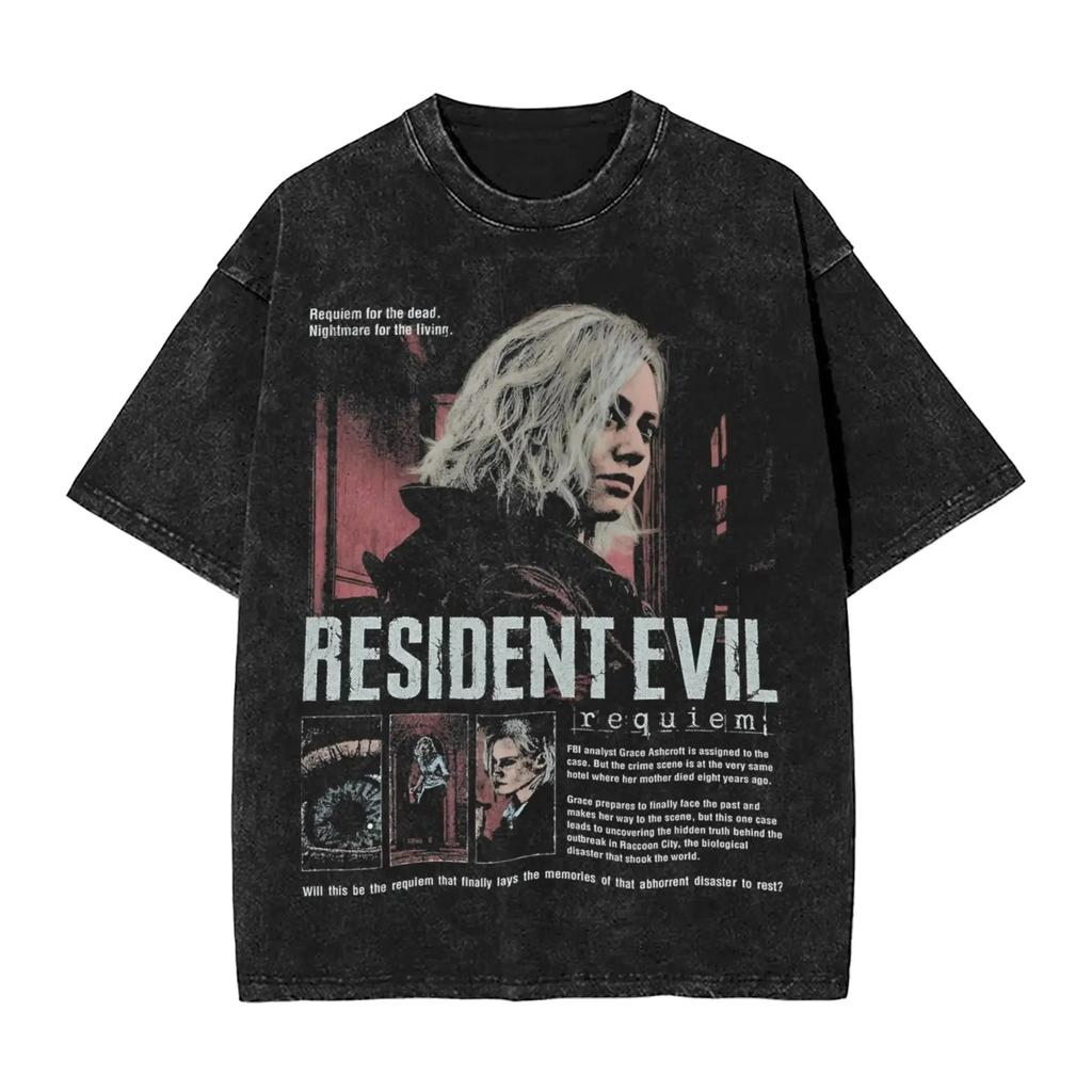 Resident Evil 9 Requiem Leon S. Kennedy Grafica 100% Cotone Unisex Lavaggio Acido Camicia 2026 Estate Nuova Uomo Y2k Maglietta a Maniche Corte