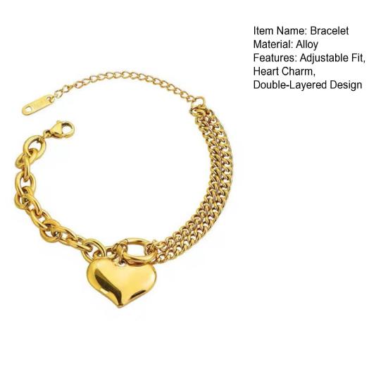 Women Bracelet, Adjustable Extended Tail Chain Bracelet, Double-Layered Cuban Bracelet with Heart Charm for Jewelry Gift