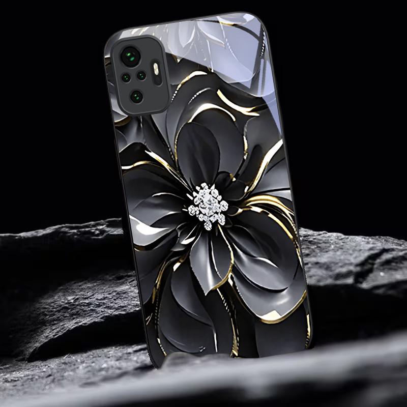 Midnight Gilded Petals Black Glass Phone Case For Redmi Note 13 Pro+ 14 Pro 8 9 9S 12S 10 Pro 11 12 A3 12 13 K60 Ultra 14C Cover
