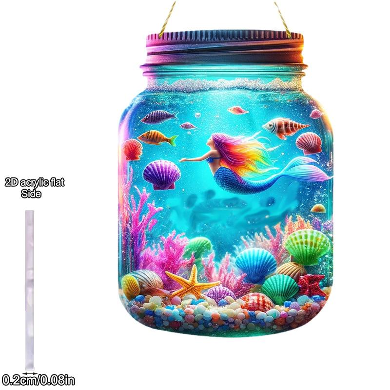 1pcs Acrylic Colored Glass Mermaid Mason Jar, Acrylic Sign, Four Seasons Decoration, with Wall Hanging, Novelty Home Decor
