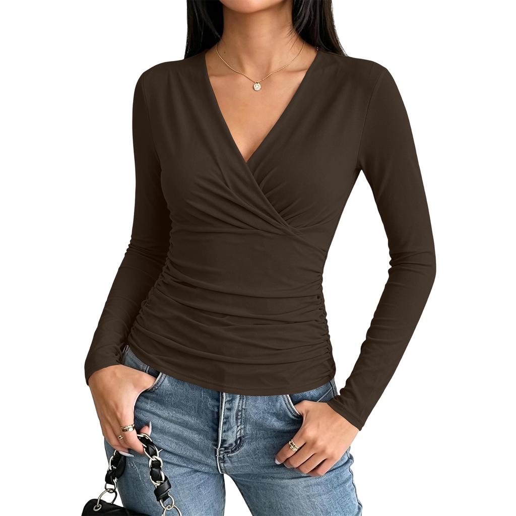 Women's Long Sleeve V-Neck Ruched Top Slim Fit Blouse for Casual Work Everyday Wear