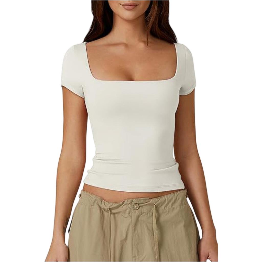 Women's Summer Square Neck Sexy Slim Fit Short Sleeve T-Shirt