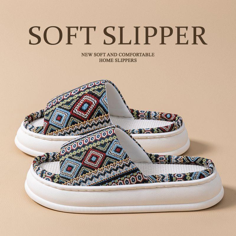 Ethnic style linen slippers home summer women's indoor household wooden floor non-slip breathable fabric cool slippers men