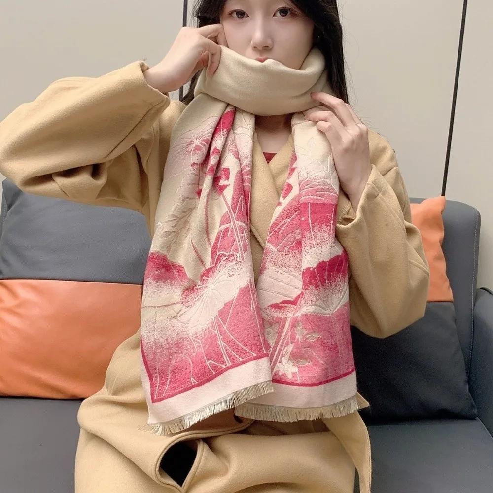 Chinese Style Imitation Cashmere Scarf Ink Painting Theme Double-sided Pashmina Blanket Thick Windproof Poncho Scarves