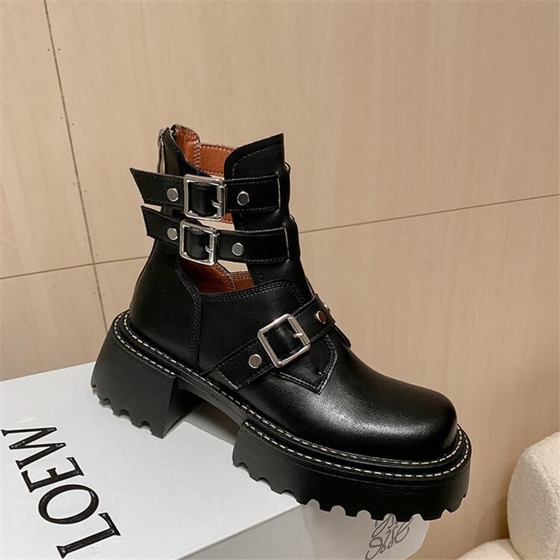 Fashion New Autumn/winter Women Boot Round Toe Platform Shoes Split Leather Fashion Belt Buckle Boots Short Boots for Women Handmade
