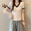 Korean Bow Straight Shoulder V-neck Short Casual Sleeve T-shirt for Women In Summer New Slim Inner Top Design