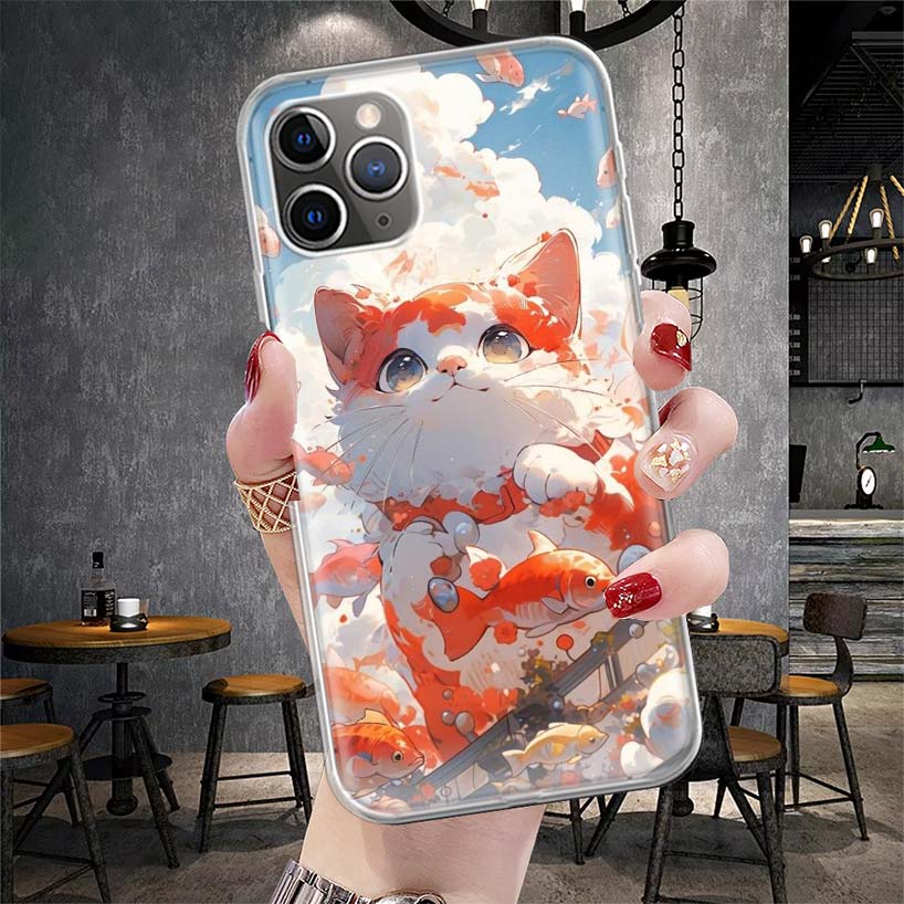 Cartoon Cute Cat Fish Aesthetic Soft Phone Case For IPhone 11 17 Air 16E 16 Pro Max 15 + 14 Plus 13 Mini 12 Apple 7 SE 8 Fundas