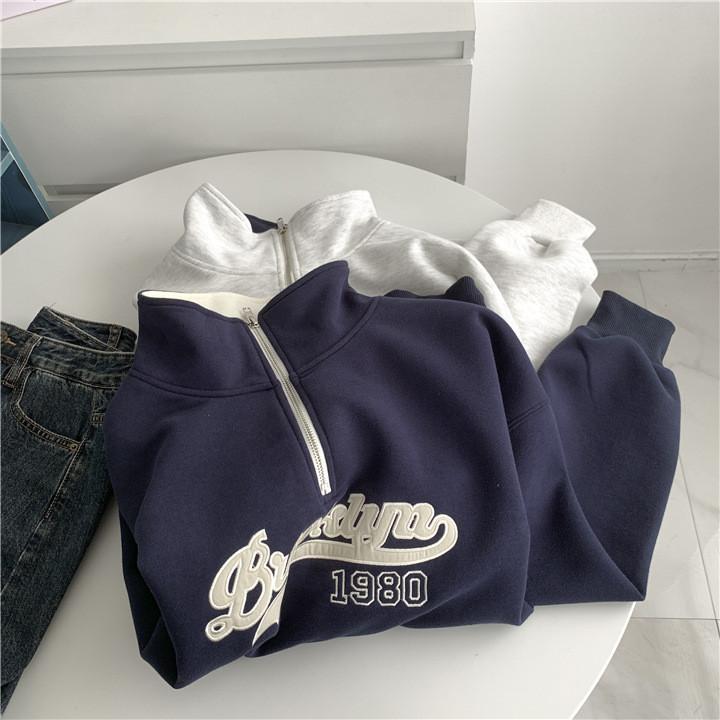 American Vintage Letter Embroidered Loose Fit Pullover Hoodie For Casual Women