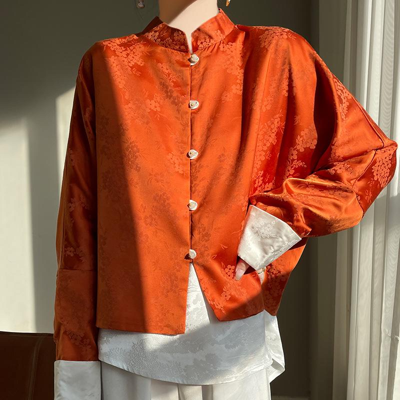 Women's Retro Satin Mandarin Collar Cardigan - Loose Fit, Light National Style Tang Jacket