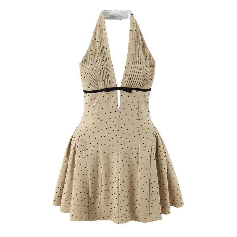 Elegant Deep V-Neck Polka Dot Halter Dress - Women s Cinched Waist Vacation Style Large