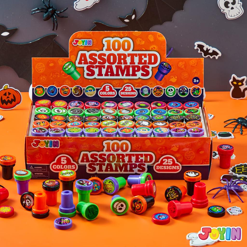 JOYIN 100pcs Halloween Stampers for Kids 25 Designs Assorted Plastic Stamps for Halloween Party Goodie Bag Teacher Student Classroom Game Prizes