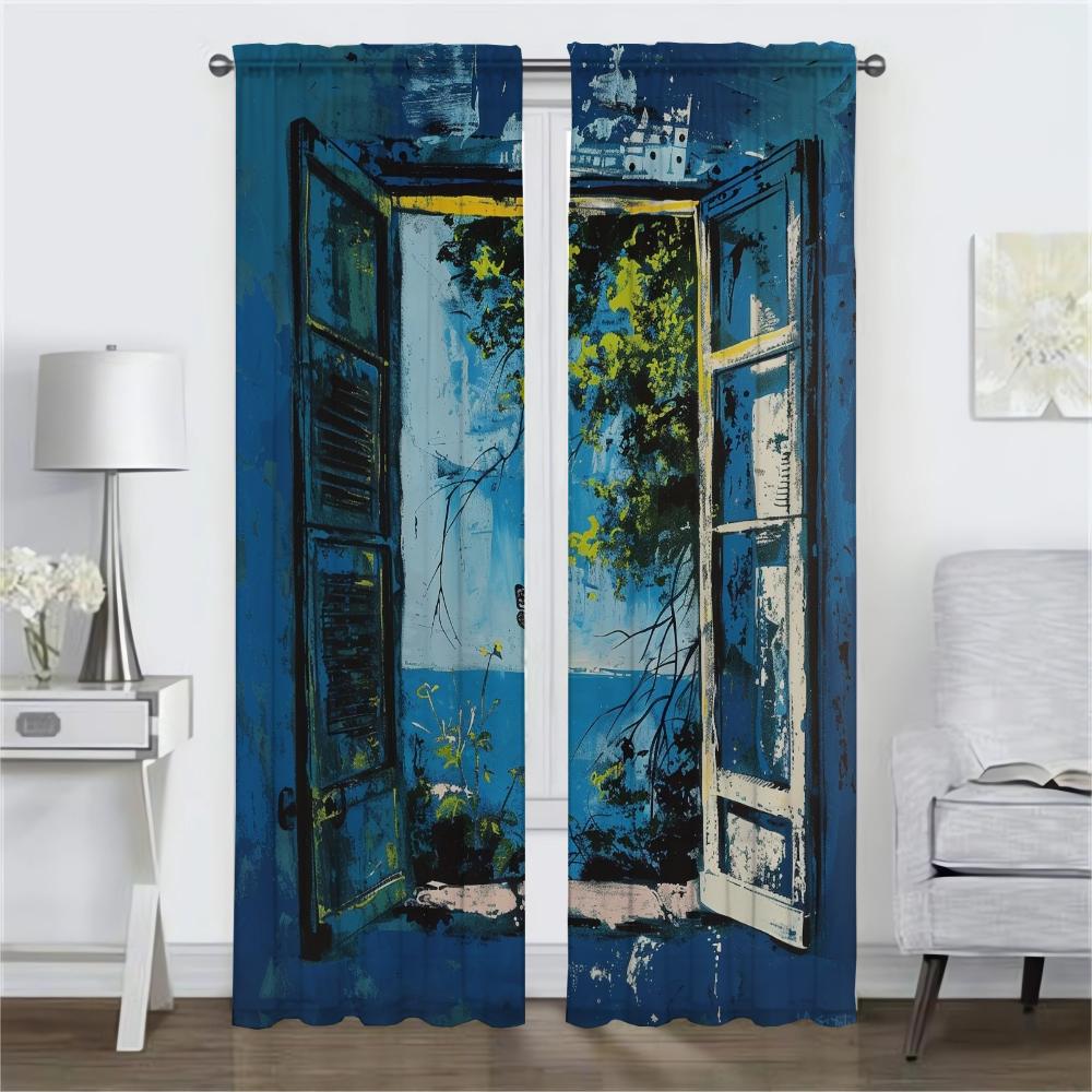 Blue Window Blackout Curtain for Room 2 Panel Home Interior Curtains Partition Tulle for Bedroom Shades Halloween Decoration