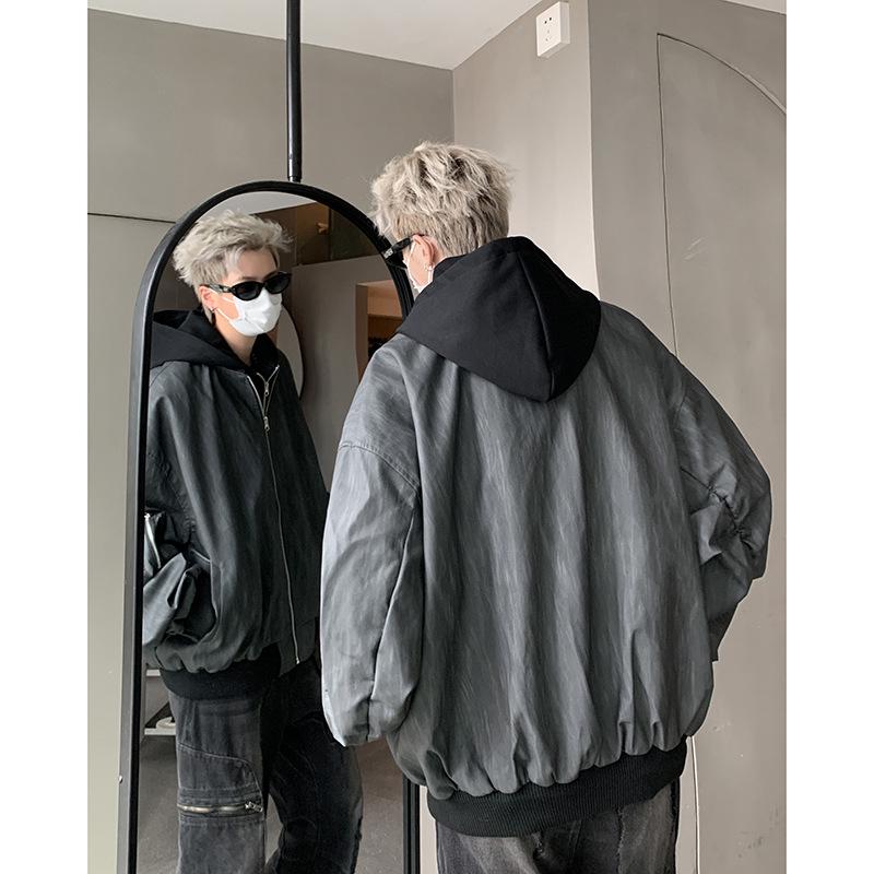 

Мужская модная кожаная куртка с капюшоном на весну и осень - двухкомпонентный стиль, американский уличный дарк-роуг, свободный крой, пилотный дизайн Large