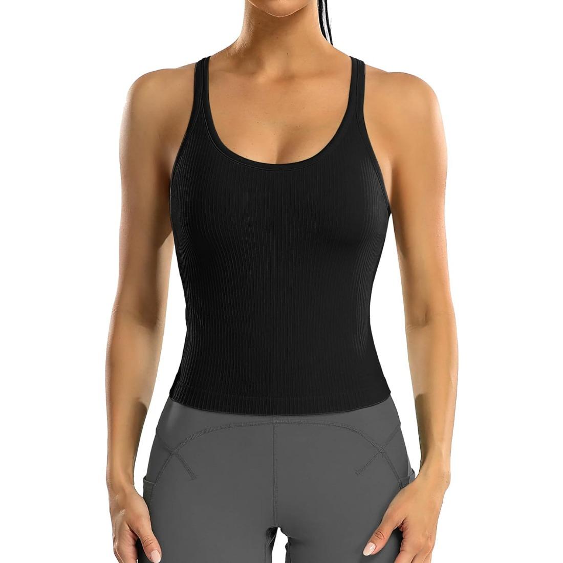 

Жіночі короткі топи Charmleaks для тренувань у рубчик із вбудованим бюстгальтером Yoga Racerback Tank Top Tight Fit L чорний