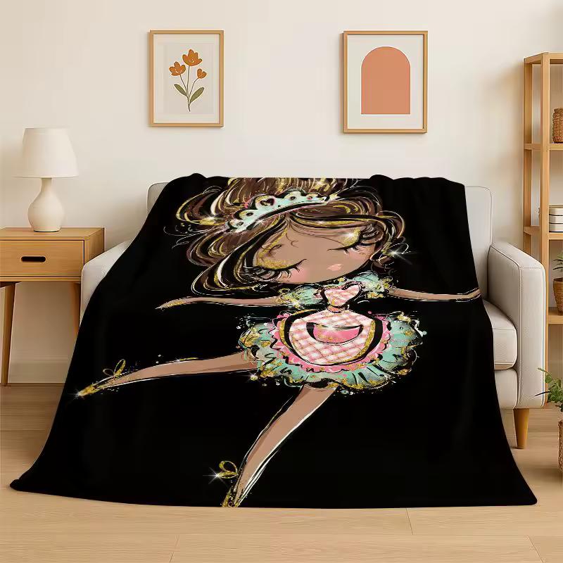 Ballet Girl Cartoon Flower Fairy Flannel Blanket Soft Warm Throw Blanket for Bedroom Living Room Bed Travel Camping Picnic Cover