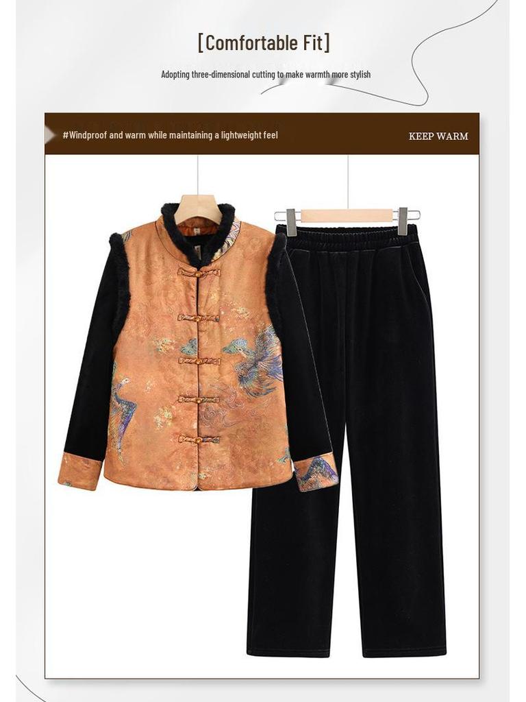 New Chinese-Style Winter Vest Suit: 3-Piece Gold Velvet Set for Middle-Aged Women
