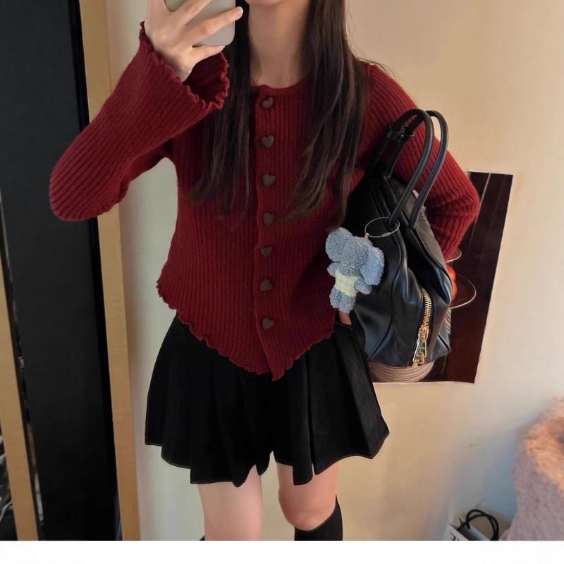 Gentle Wind Knitted Cardigan Women's Autumn and Winter New Round Neck Horn Sleeve Love Buckle Bottoming Sweater Jacket Women