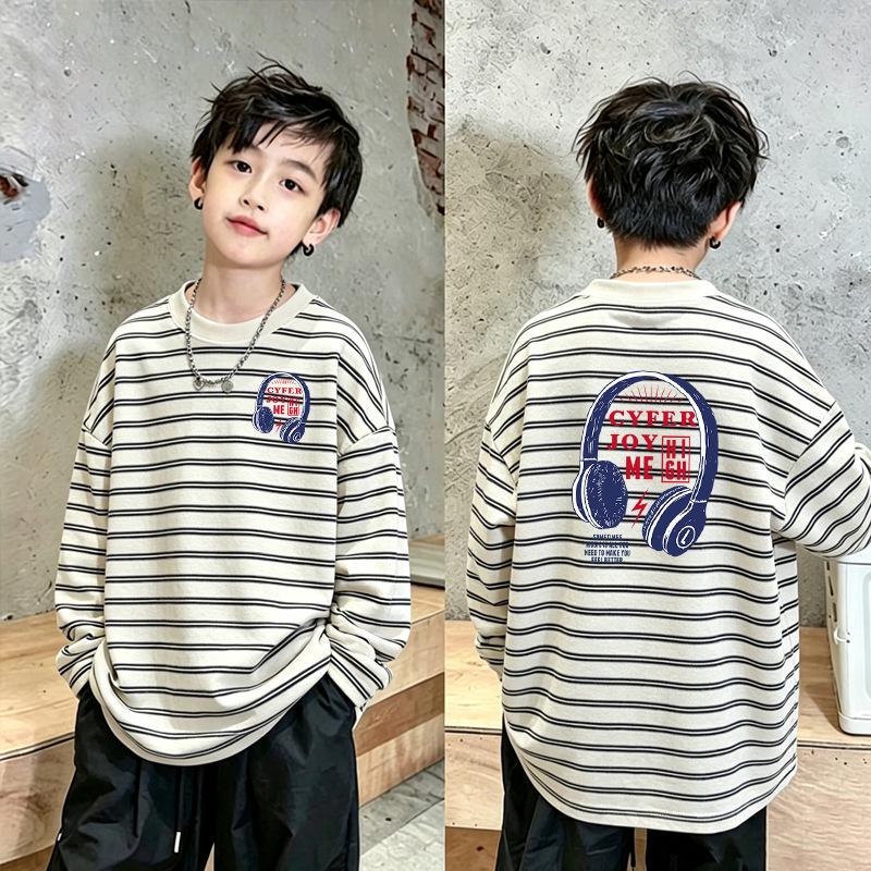Korean Boys' Cotton Striped Long Sleeve T-shirt - Casual Loose Fit for Spring & Autumn