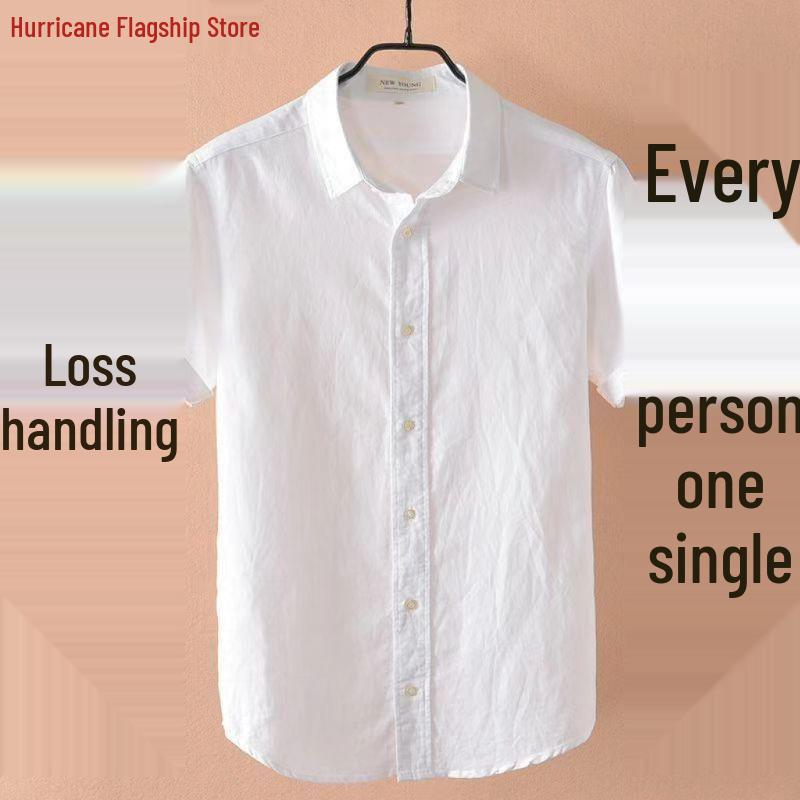 Men's Slim Fit Short Sleeve Breathable Linen Shirt - Summer Casual Lapel Top, White