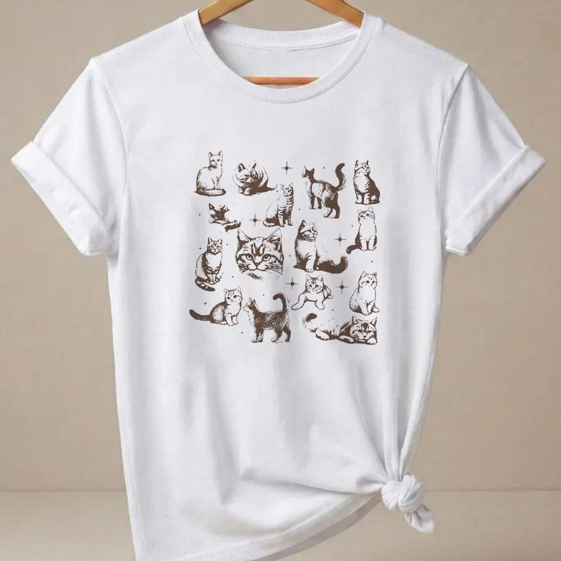 Funny Cats 90s Printed Tshirt Unisex Casual Short Sleeve Tshirt Round Neck Comfortable T Shirt Y2k Tee Unisexs Clothing
