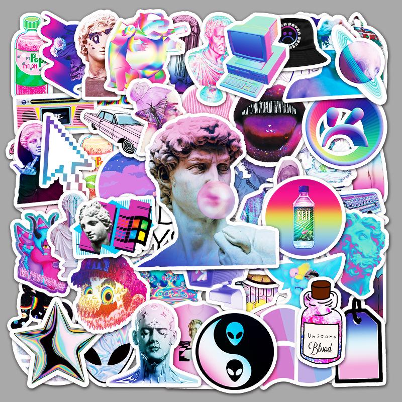 

58 Waterproof Cartoon Vaporwave Graffiti Stickers for Suitcases, Phones, Computers, Skateboards, and Cars