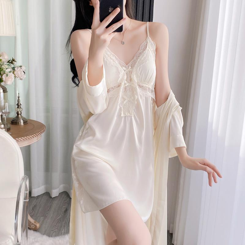 Ice and Snow Silk Women's Sexy Nightgown Two-piece Set Suspender Nightdress Thin Summer Ice Silk Pajamas Loungewear with Chest Pad