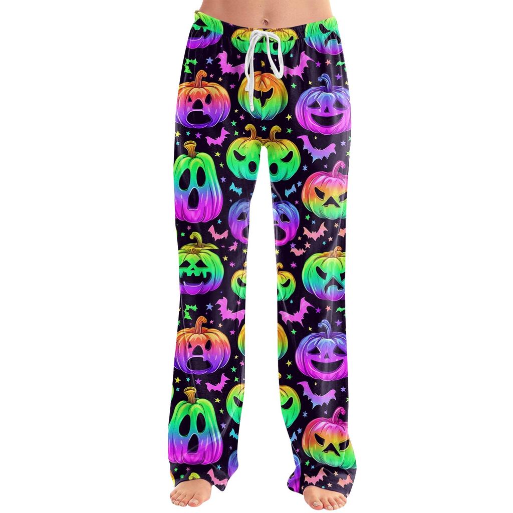 Damen Halloween Print Kordelzug Hose Lässige Lockere Passform Lounge Hose Weicher Leichter Stoff Volle Länge Pyjamahose für den Alltag