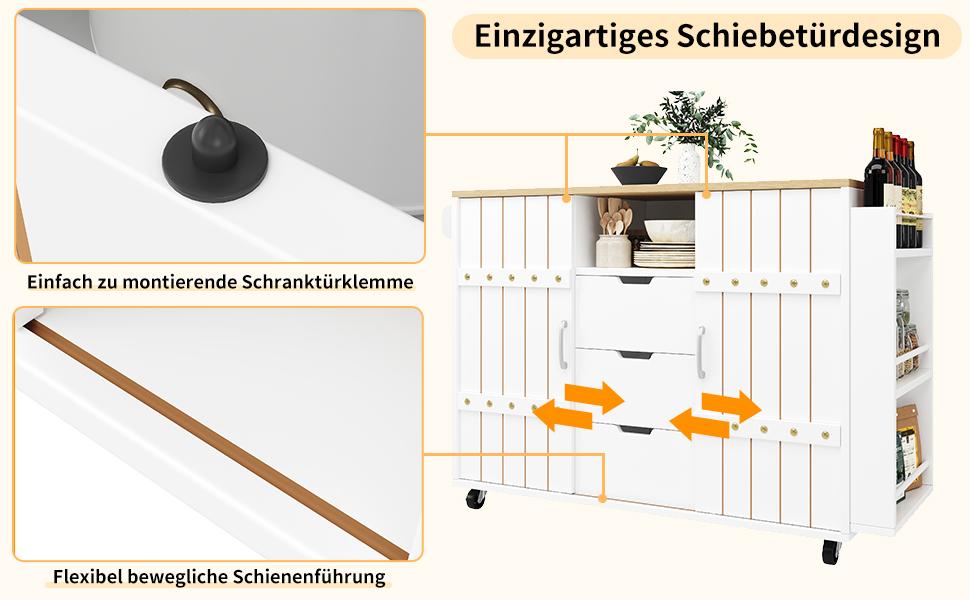 Servierwagen mit Holzmaserung, Küchenwagen mit Rädern, mit Gewürzregal und Handtuchhalter, Insel mit Schiebetüren und Schubladen, weiß