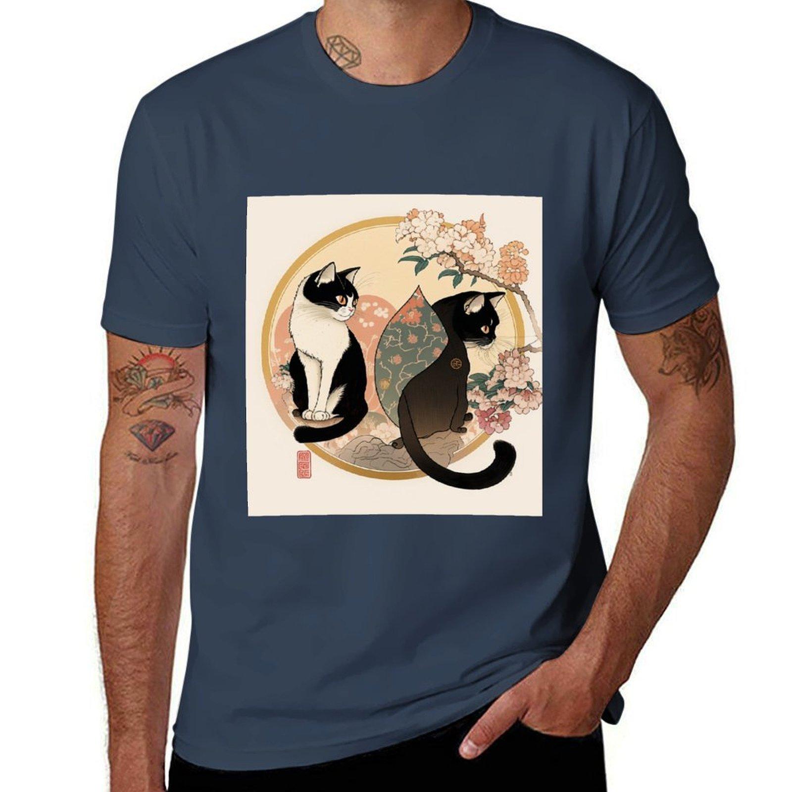 Ukiyoe Cats Tshirt Basic Solid Color Casual Tee Shirt S