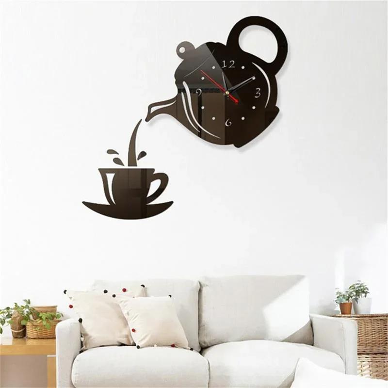 3D Coffee Cup Teapot Self Adhesive Acrylic Mirror Clock Wall Stickers for Home Living Room Decor Wall Clock Wall Sticker Clock