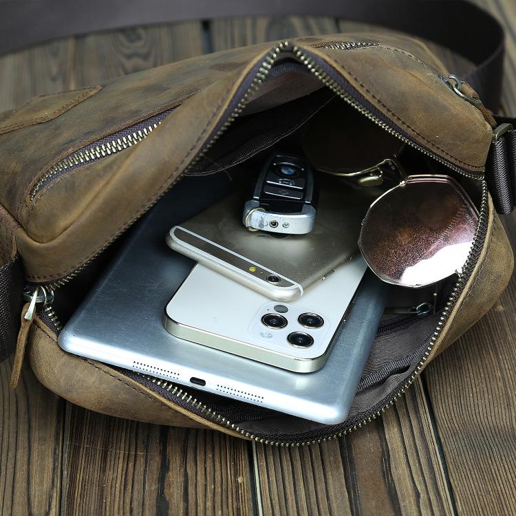 Vintage Crazy Horse Leather Men's Crossbody Messenger Bag - Genuine Leather, Handmade, Casual, and Trendy.