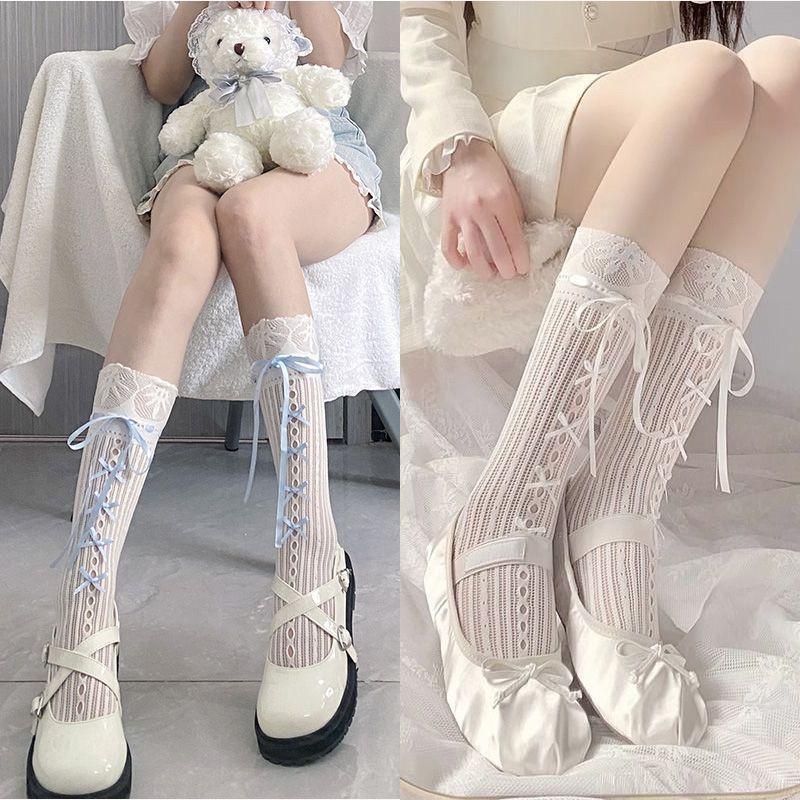 1 Pair Women's Sweet Lace Bow Mid Calf Socks JK Dressing Style Ribbon Straps Mesh Socks