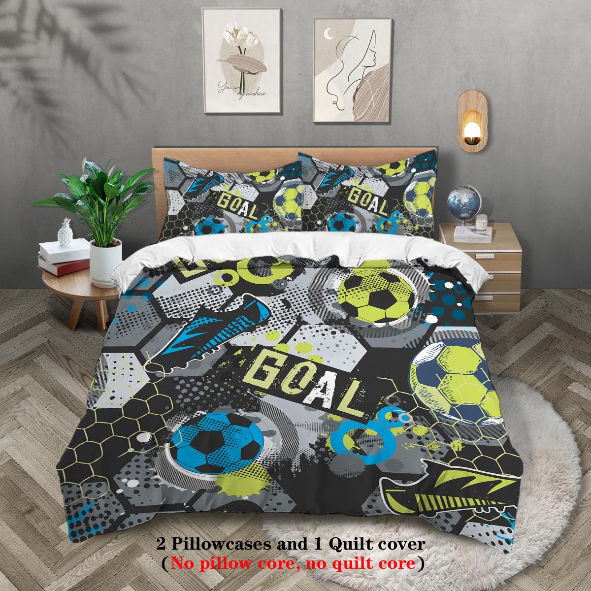 

3pcs Cartoon football pattern printed bedding set, 1*duvet cover+2*pillowcase, for teenagers and adult bedroom, birthday gift 135x200cm-EU-Single