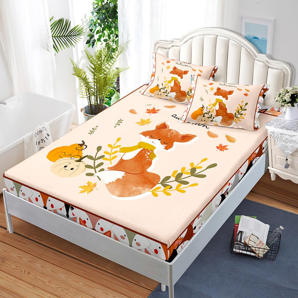 Sheet Three-Piece Bedspread Pillowcase Little Fox Pumpkin Thanksgiving Mattress Protective Cover