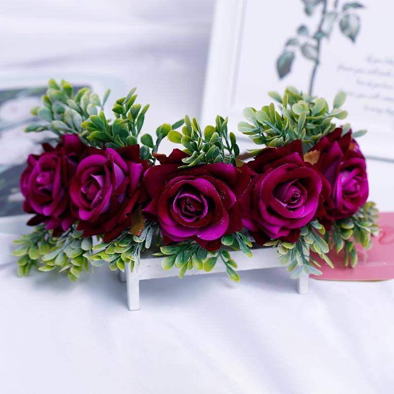 Adjustable Floral Garland Handmade Rose Flower Wreath Headband with Ribbon for Wedding Festival Travelling Photo Props