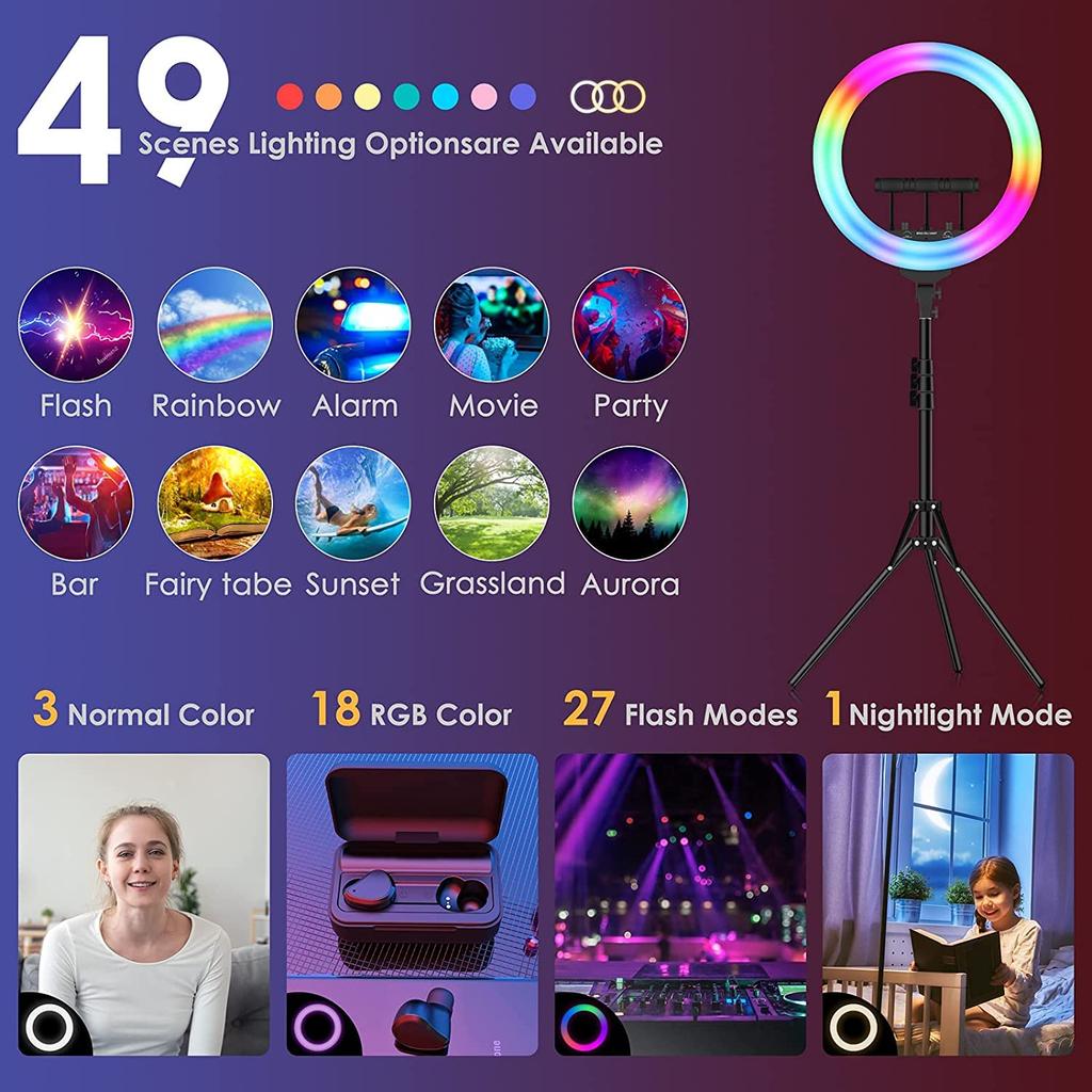 Ayutong 18palcové LED kruhové světlo inovativní model RGB prsten Fotografická herečka plynulá 3500K až 3 barevný režim 18barevné RGB vysoce selfie fotografování s