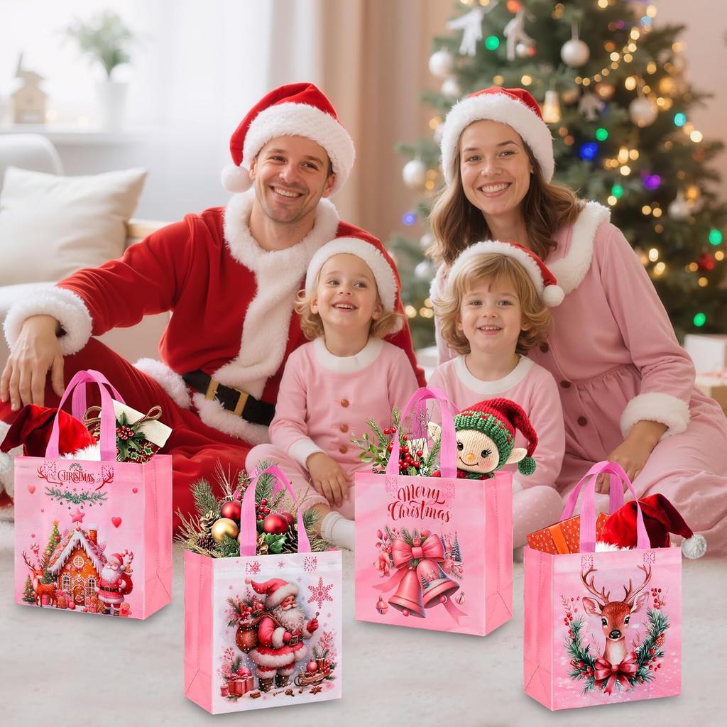 Non-Woven Christmas Gift Bags Reusable Christmas Treat Bag with Handle Santa Claus Reindeer Berries Pattern Party Favor Tote Bag