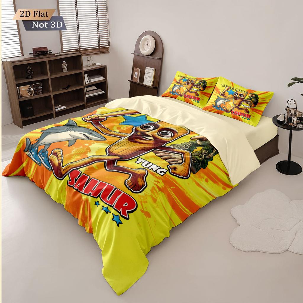 Cartoon ai Brainrot Tung Tung Sahur Bedding Set Bedroom Decoratio Duvet Cover Pillowcase Adult Boy Girl Single Double Large Siz