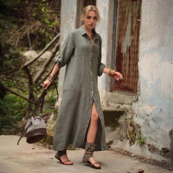 Women's Cotton Linen Shirt Dress Casual Rolled-Up Sleeve Button Dowm Maxi Dress Summer Loose